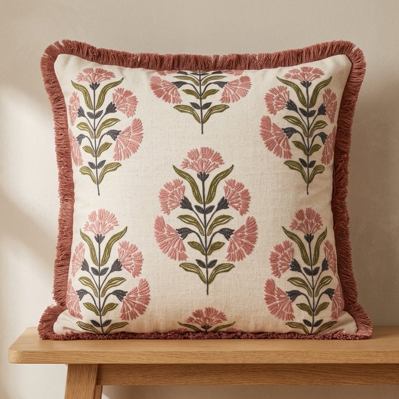 Coussin Anouk fleuri rose poudré avec frange
