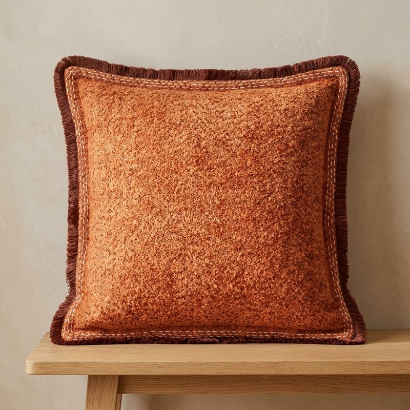 Coussin Ashby en bouclette terracotta avec frange