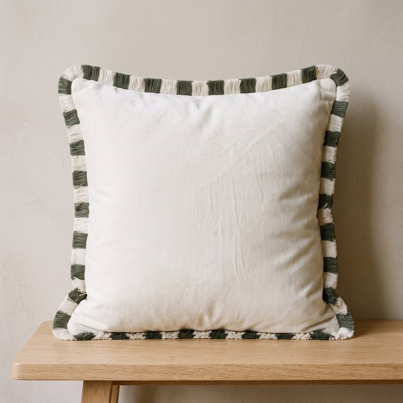 Coussin Marlow ivoire avec frange rayée vert sphaigne